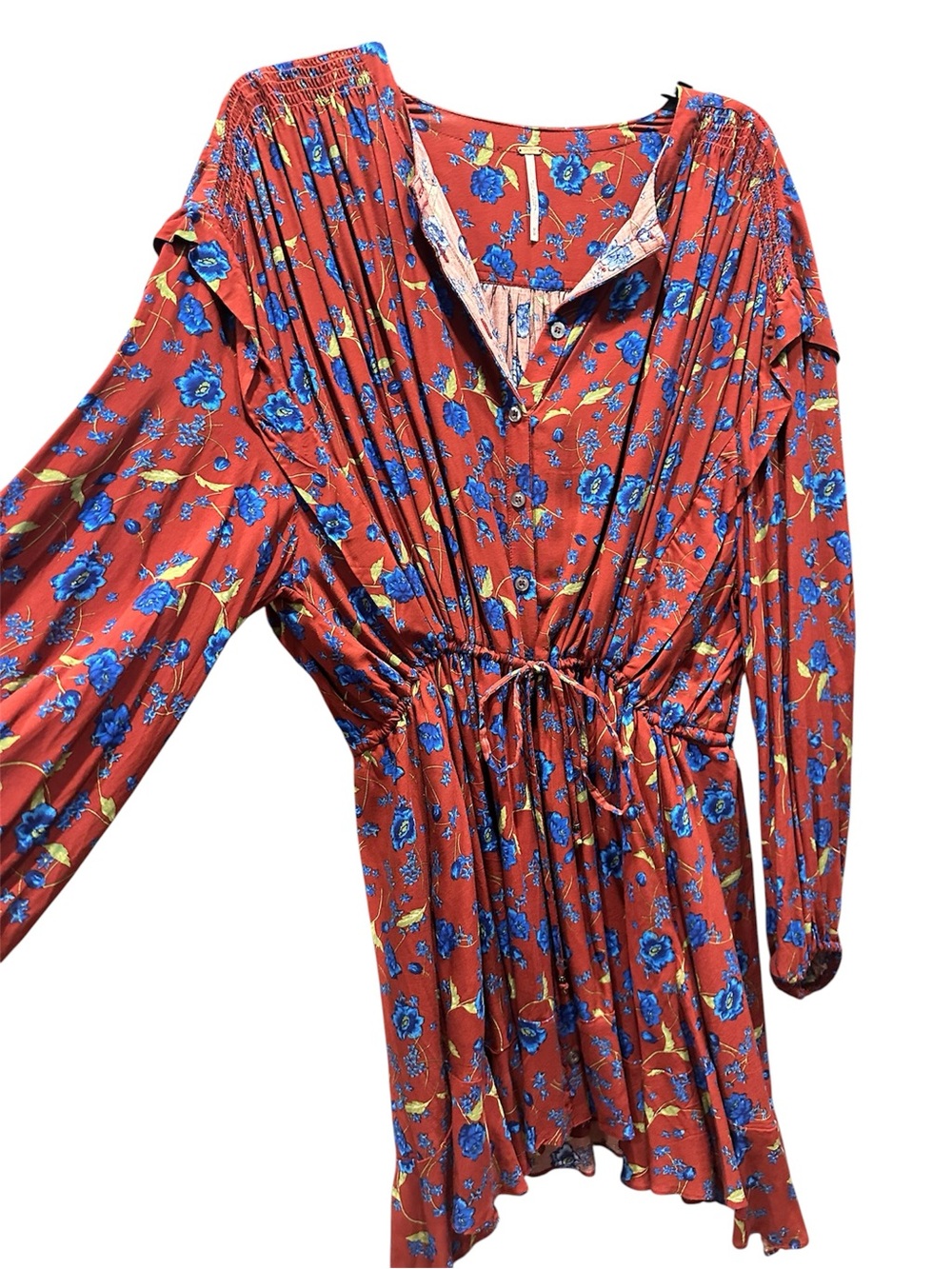 Free People Glower Fields Mini Dress Burgandy/Bold Blue Flowers Size Medium EUC - Picture 6 of 10